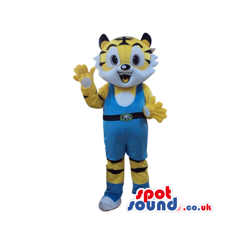 Cute Yellow Tiger Plush Mascot Wearing Blue Wrestling Clothes -