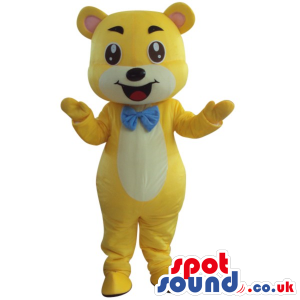 Yellow And White Teddy Bear Plush Mascot Wearing A Blue Bow Tie