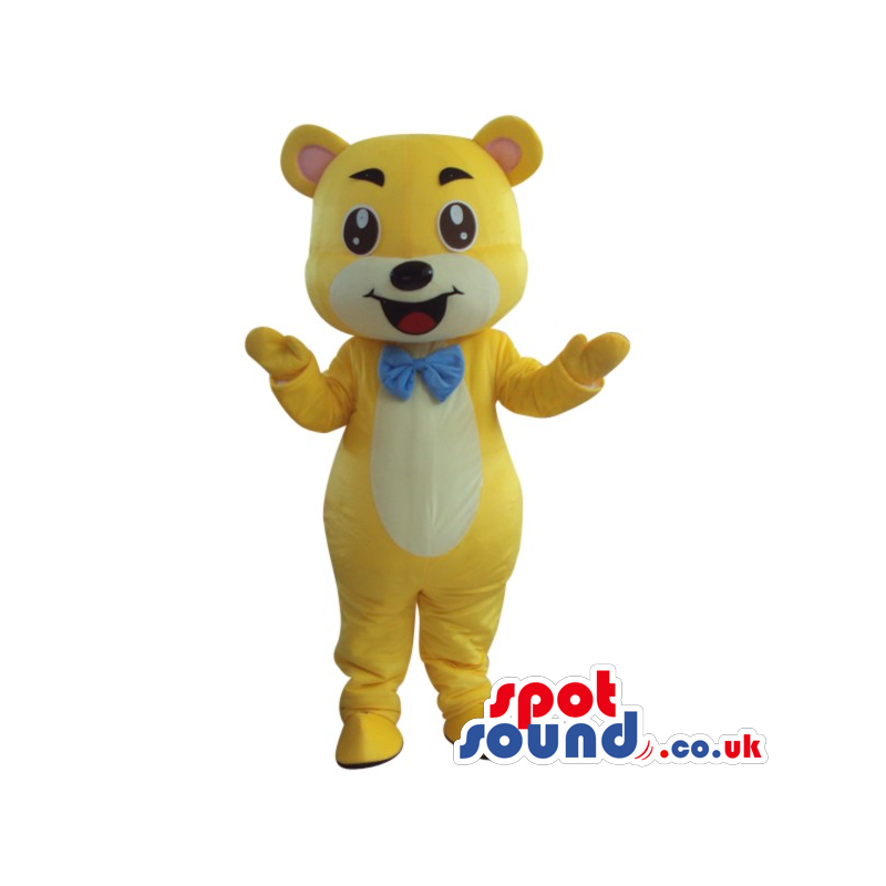 Yellow And White Teddy Bear Plush Mascot Wearing A Blue Bow Tie