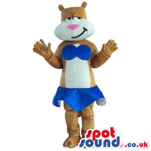 Brown And White Bear Plush Mascot Wearing A Blue Bikini -