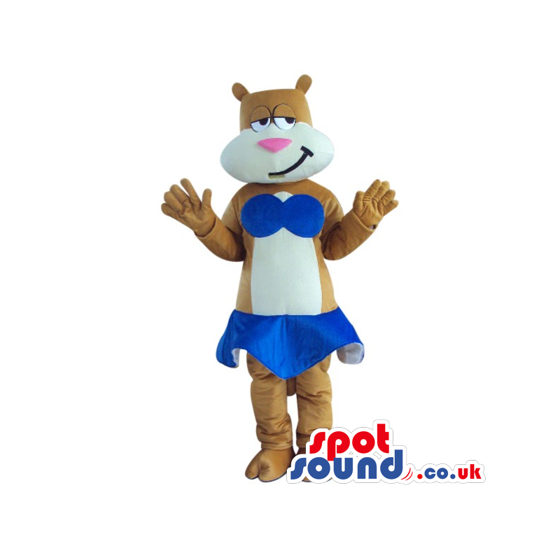 Brown And White Bear Plush Mascot Wearing A Blue Bikini -