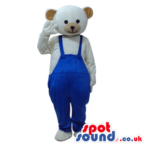 White Teddy Bear Plush Mascot Wearing Blue Overalls. - Custom