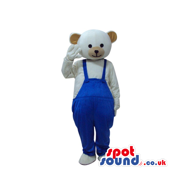 White Teddy Bear Plush Mascot Wearing Blue Overalls. - Custom