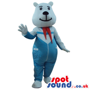 White Bear Plush Mascot Wearing Blue Overalls And A Neck Scarf