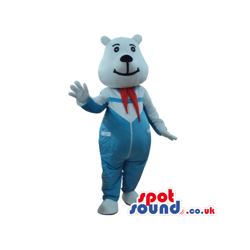 White Bear Plush Mascot Wearing Blue Overalls And A Neck Scarf