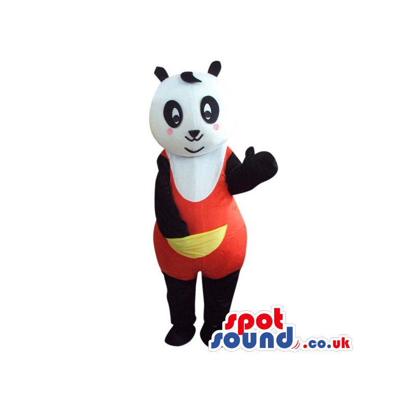 Cute Panda Bear Plush Mascot Wearing Red Clothes With A Pocket