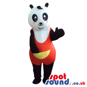 Cute Panda Bear Plush Mascot Wearing Red Clothes With A Pocket