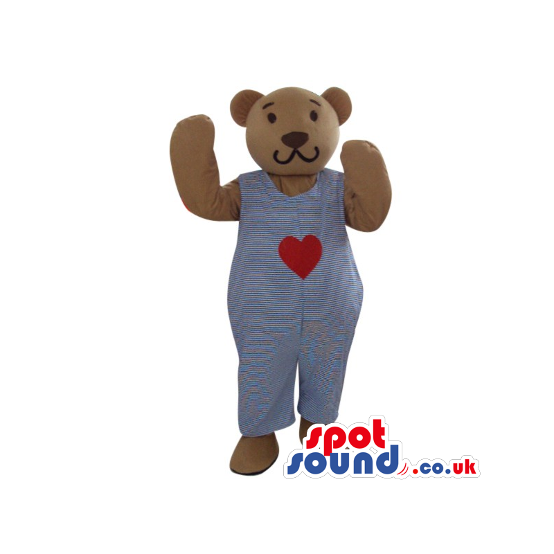 Brown Teddy Bear Plush Mascot Wearing Overalls With A Heart -