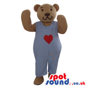 Brown Teddy Bear Plush Mascot Wearing Overalls With A Heart -