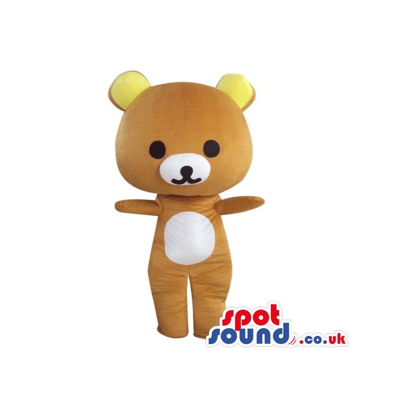 Cartoon Brown Teddy Bear Plush Mascot With Yellow Ears. -