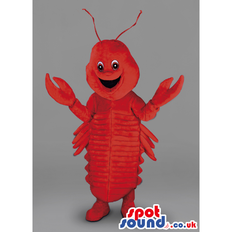 Big red standing Lobster mascot with 2 claws and smiling -