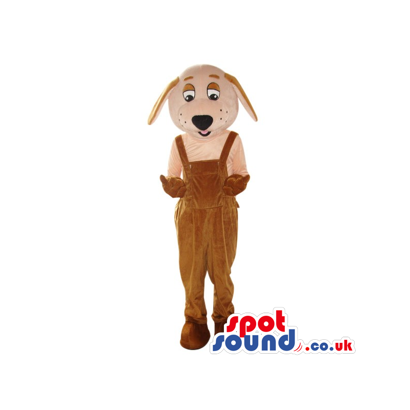 Cute White Dog Plush Mascot Wearing Brown Overalls - Custom