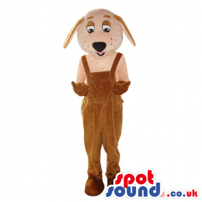 Cute White Dog Plush Mascot Wearing Brown Overalls - Custom