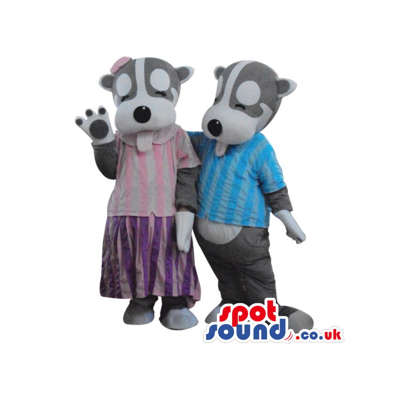 Grey And White Dog Couple Plush Mascots Wearing Garments -