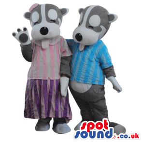 Grey And White Dog Couple Plush Mascots Wearing Garments -