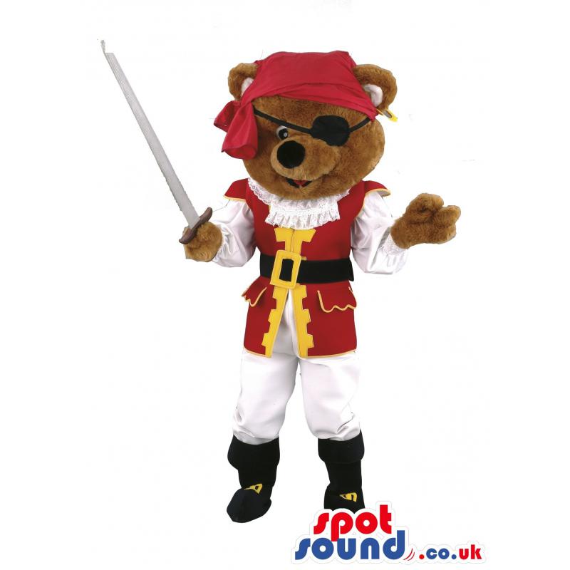 Bear mascot with sword dressed in red and white pirate clothes