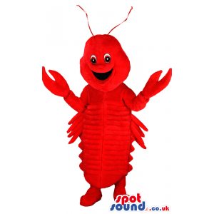 Big red standing Lobster mascot with 2 claws and smiling -