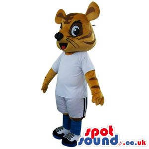 Funny Orange Tiger Plush Mascot Wearing White Soccer Clothes -