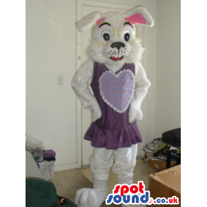 Cute Hairy White Rabbit Plush Mascot Wearing A Purple Dress -