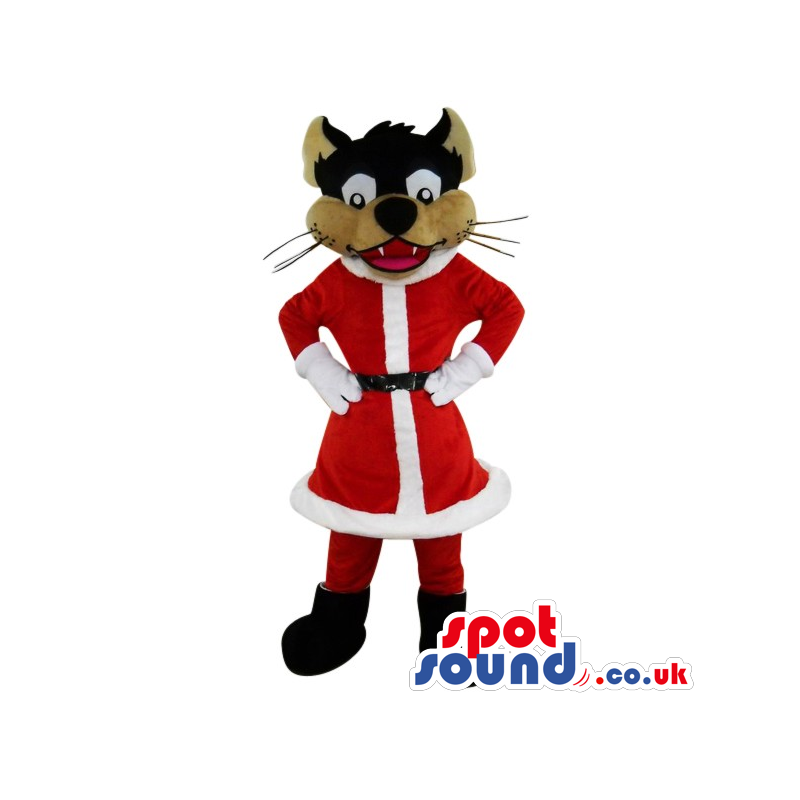 Brown Wolf Plush Mascot Wearing Christmas Santa Claus Clothes -