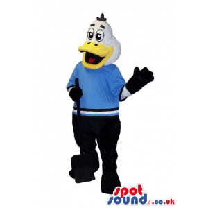 Cute Duck Plush Mascot Wearing Ice-Hockey Clothes And Stick -