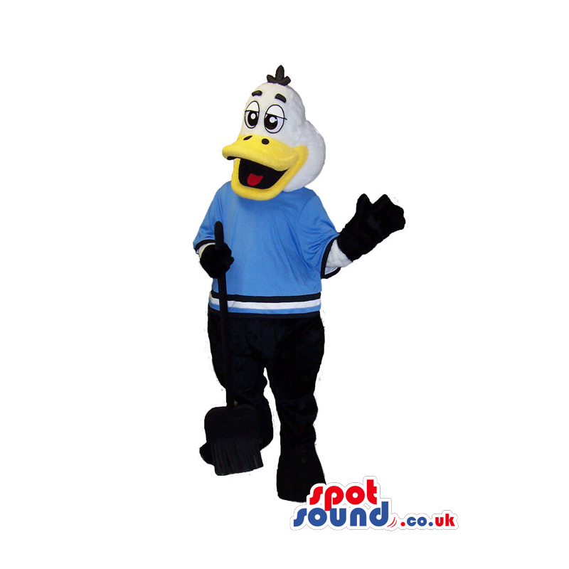 Cute Duck Plush Mascot Wearing Ice-Hockey Clothes And Stick -