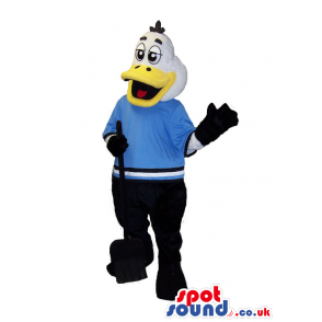 Cute Duck Plush Mascot Wearing Ice-Hockey Clothes And Stick -