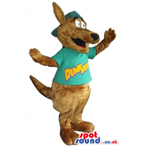 Cute Brown Kangaroo Plush Mascot Wearing A T-Shirt With Text -