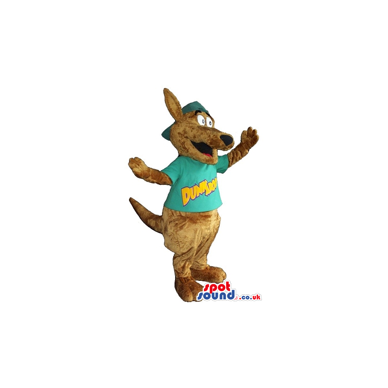 Cute Brown Kangaroo Plush Mascot Wearing A T-Shirt With Text -