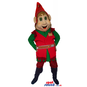 Dwarf Mascot With Wearing Red And Green Garments And Hat -