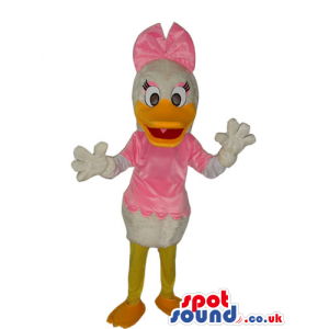 Daisy Duck Disney Character Mascot In A Pink Dress And Ribbon -