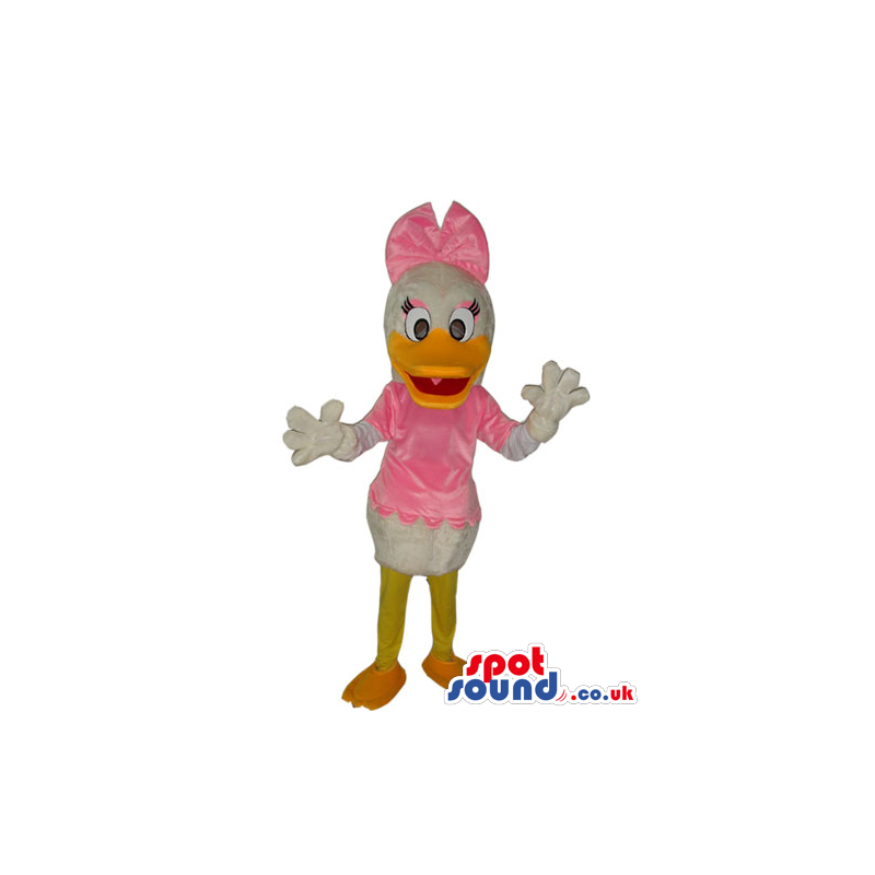 Daisy Duck Disney Character Mascot In A Pink Dress And Ribbon -