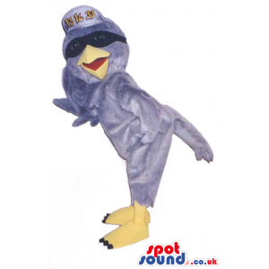 Grey Bird Plush Mascot Wearing A Cap With Text And Sunglasses -