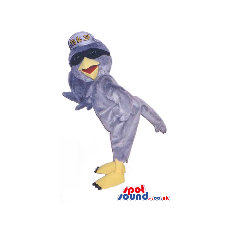 Grey Bird Plush Mascot Wearing A Cap With Text And Sunglasses -