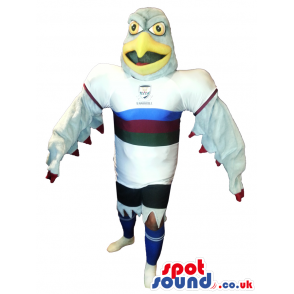 Grey Eagle Bird Plush Mascot Wearing Sports Team Clothes. -