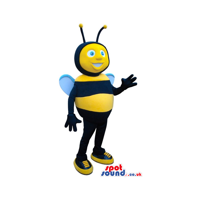 Cute Bee Plush Mascot With Blue Wings And Eyes Wearing Sneakers