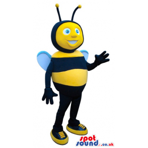 Cute Bee Plush Mascot With Blue Wings And Eyes Wearing Sneakers