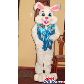 Easter White Bunny Plush Mascot With Pink Ears And A Blue