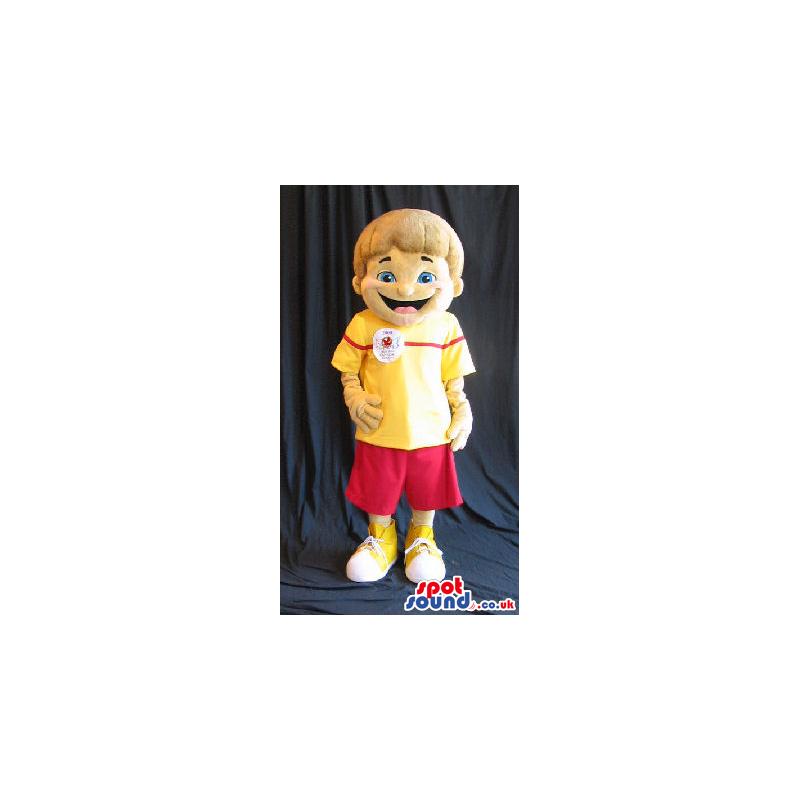 Boy Plush Mascot Wearing Red And Yellow Clothes With A Logo -