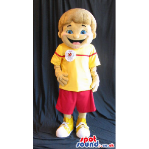 Boy Plush Mascot Wearing Red And Yellow Clothes With A Logo -
