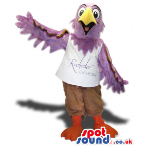 Purple Bird Plush Mascot Wearing A White T-Shirt With Text -