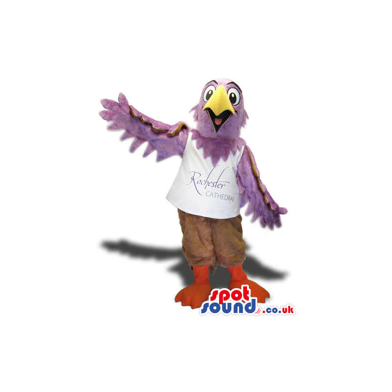 Purple Bird Plush Mascot Wearing A White T-Shirt With Text -