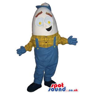 Funny Egg Plush Mascot Wearing Overalls And A Checked Shirt -