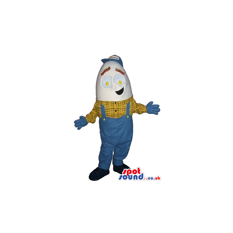 Funny Egg Plush Mascot Wearing Overalls And A Checked Shirt -