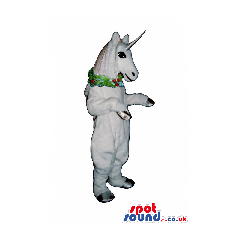 White Unicorn Mascot With A Silver Horn And A Christmas Collar