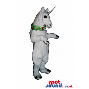 White Unicorn Mascot With A Silver Horn And A Christmas Collar