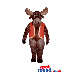 Brown Deer Animal Plush Mascot Wearing A Red And Golden Vest -