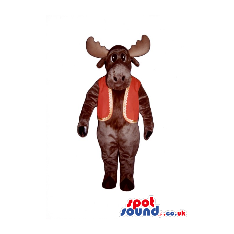 Brown Deer Animal Plush Mascot Wearing A Red And Golden Vest -