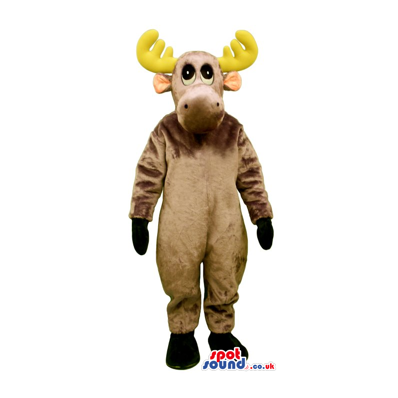 Brown Reindeer Animal Plush Mascot With Big Yellow Horns -