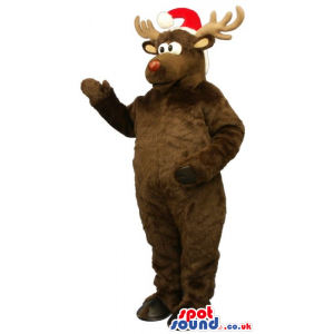 Brown Reindeer Animal Plush Mascot With A Santa Claus Hat -